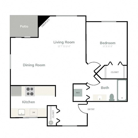 Floor plan for 1 bed, 1 bath, 796 sqft